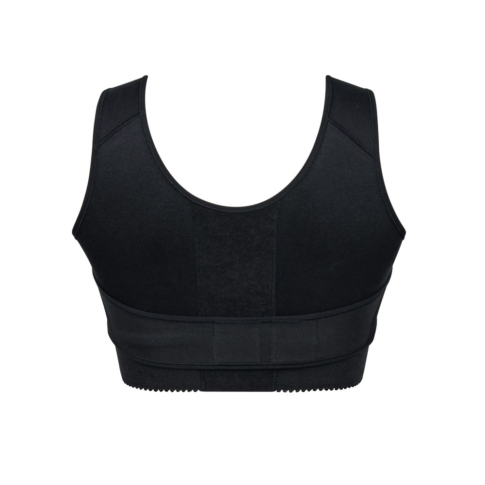 Schwarzer Kompressions-BH mit breitem Unterbrustband und Klettverschluss. Rückansicht. Nahtdetails.