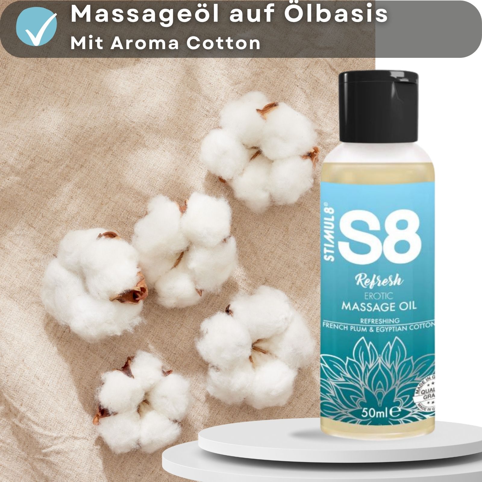 Massageöl auf Ölbasis mit Aroma Cotton. Flasche mit schwarzem Deckel. Text: S8, Refresh, 50ml. Baumwollblüten.