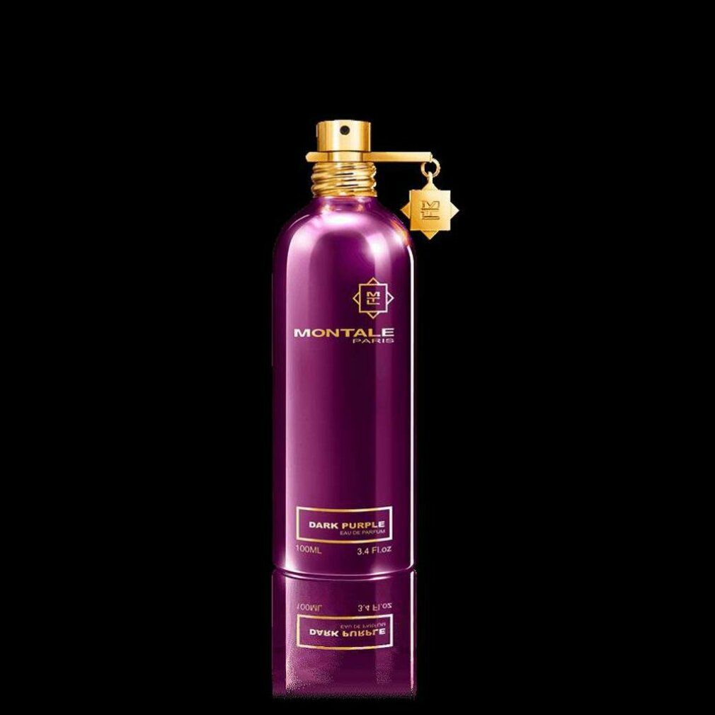 Dunkelviolette Flasche mit goldenem Verschluss und Anhänger. Aufschrift MONTALE PARIS und DARK PURPLE. Reflektion.