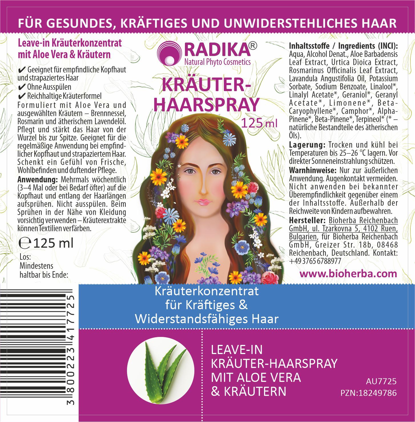 Rückseite der Haarspray-Flasche. Text: Kräuter-Haarspray, 125ml. Abbildung einer Frau mit Blumen im Haar. Text und Logo von Bioherba.