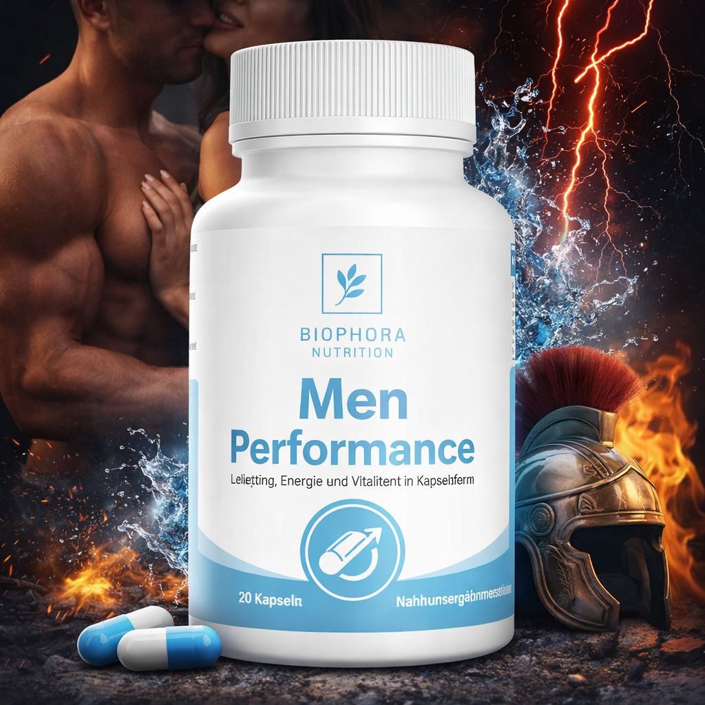 Weiße Flasche mit blauen und weißen Kapseln. Aufschrift: Men Performance. Hintergrund: Mann, Frau, Wasser, Feuer.
