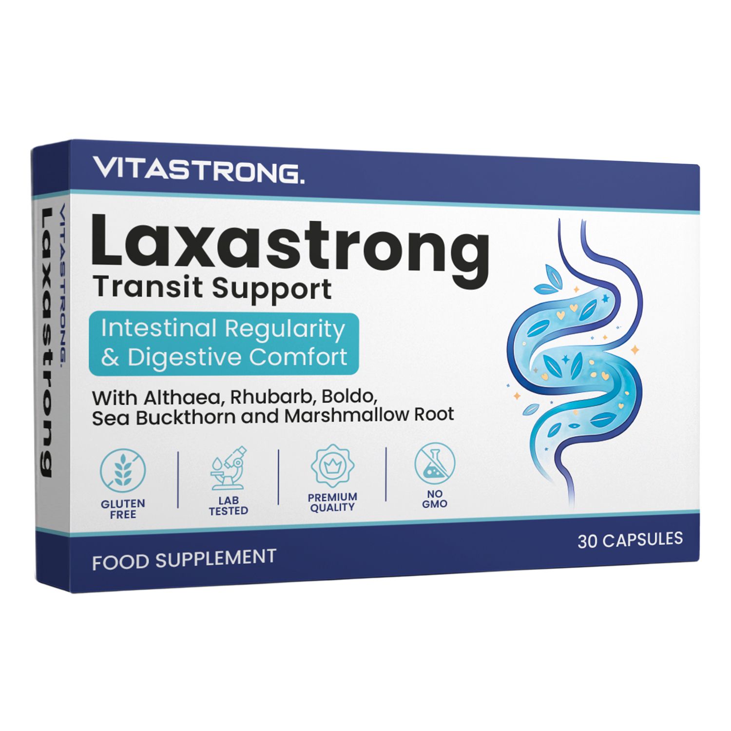 Blau-weiße Schachtel mit Produktnamen Laxastrong. Text: Intestinal Regularity & Digestive Comfort. 30 Kapseln. Glutenfrei, Lab getestet, Premium Qualität, GMO-frei.