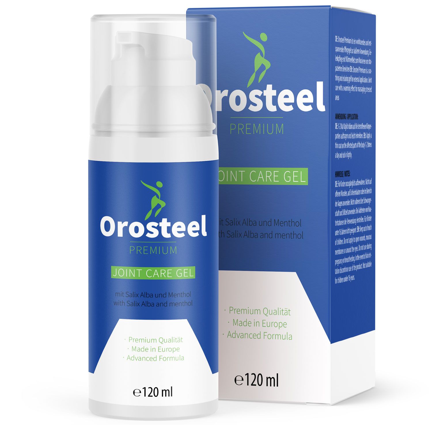 Blau-weiße Flasche mit "Orosteel Premium Joint Care Gel"-Aufdruck. Daneben eine blaue Schachtel mit Logo und Produktinformationen. 120 ml.