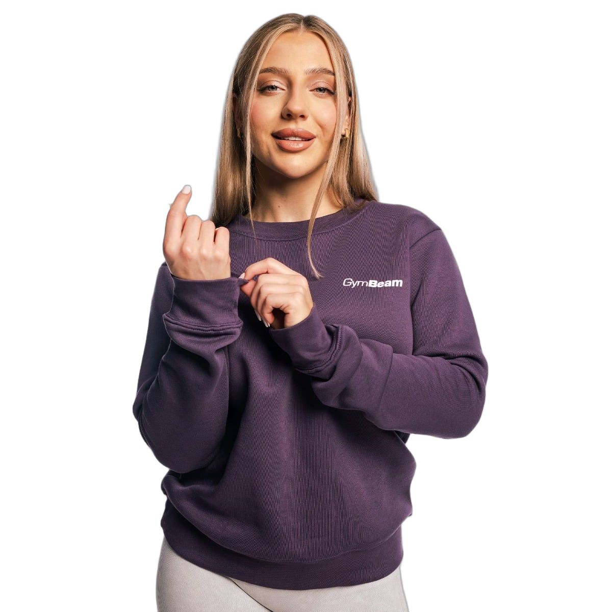 Damen Pullover in Obsidian, mit Hand am Kragen.