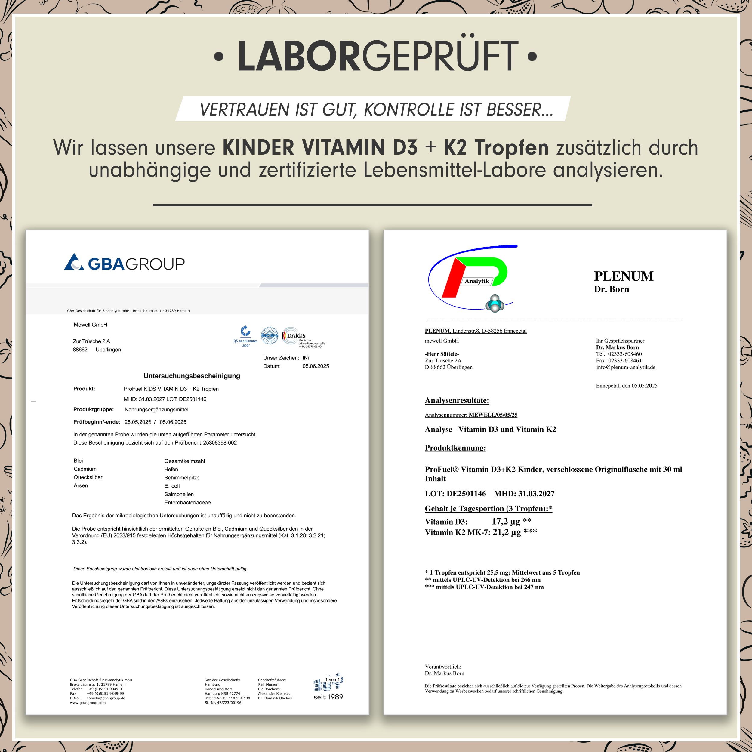 Zwei Laborzertifikate. Text: Kinder Vitamin D3 + K2 Tropfen. Zertifikate von GBA Group und Plenum Dr. Bern. Analyseergebnisse.