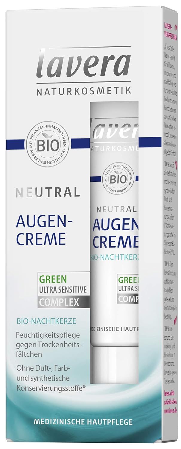 Verpackung mit Augencreme-Tube. Text: lavera, Neutral, Augen-Creme, Green Ultra Sensitive Complex. Bio-Nachtkerze. Medizinische Hautpflege.