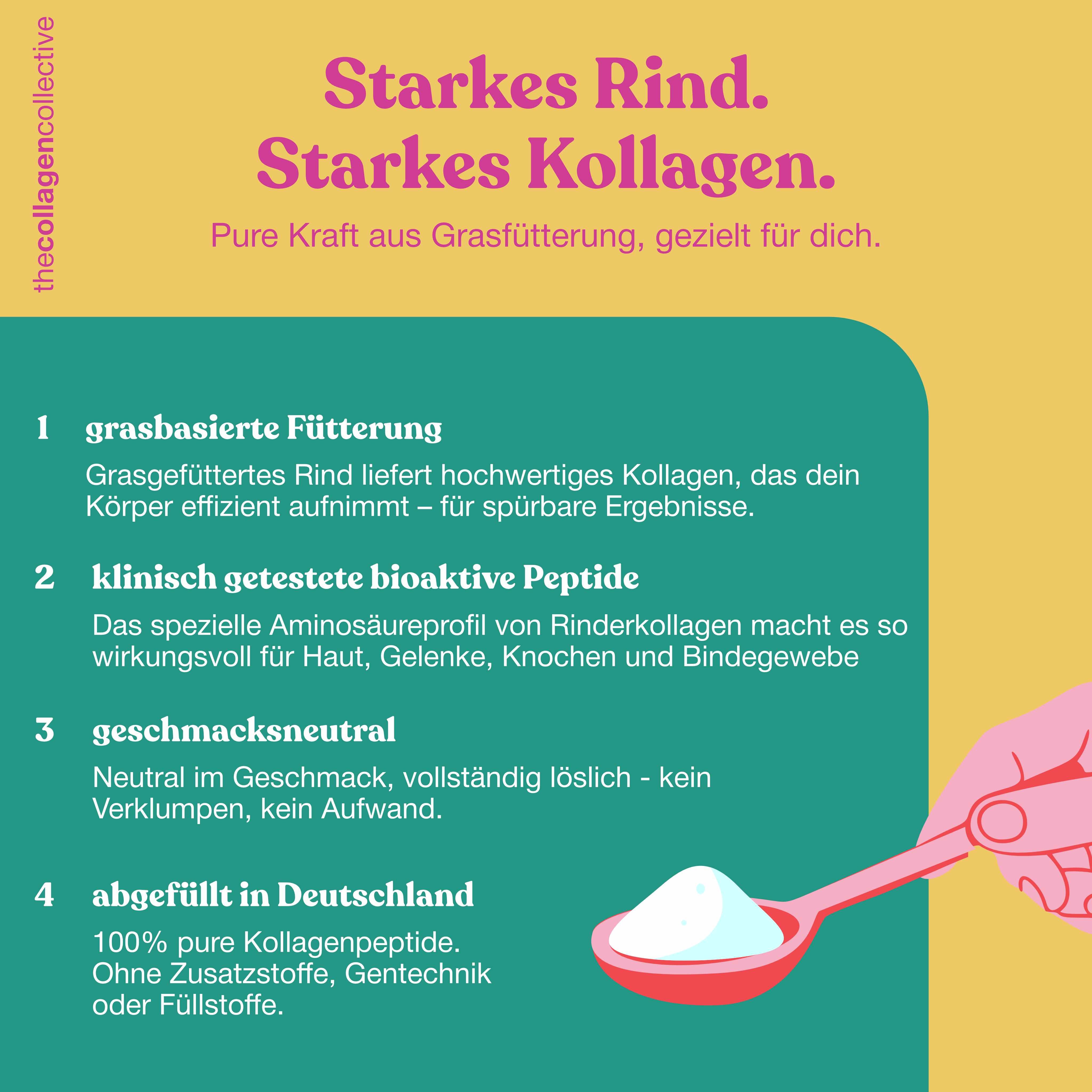 Gelber Hintergrund mit Text: Starkes Rind. Starkes Kollagen. Text und nummerierte Punkte über grasbasierte Fütterung und Peptide.