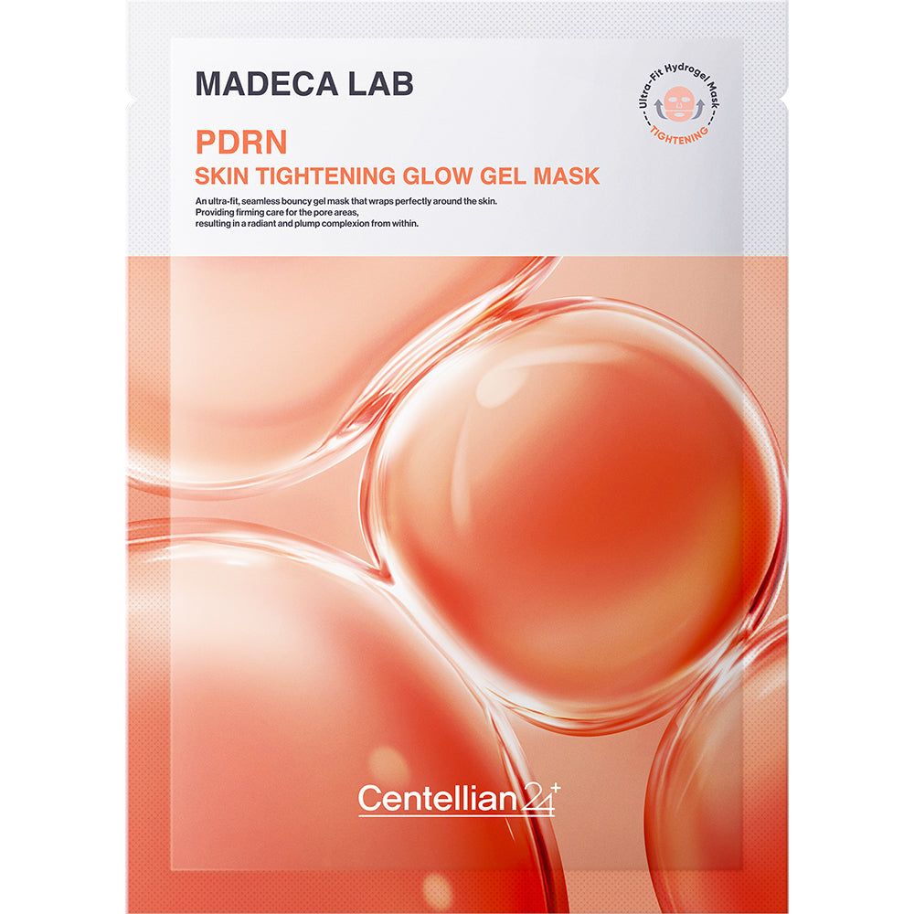 Verpackung der Madeca Lab PDRN Skin Tightening Glow Gel Mask mit Wassertropfen-Design.