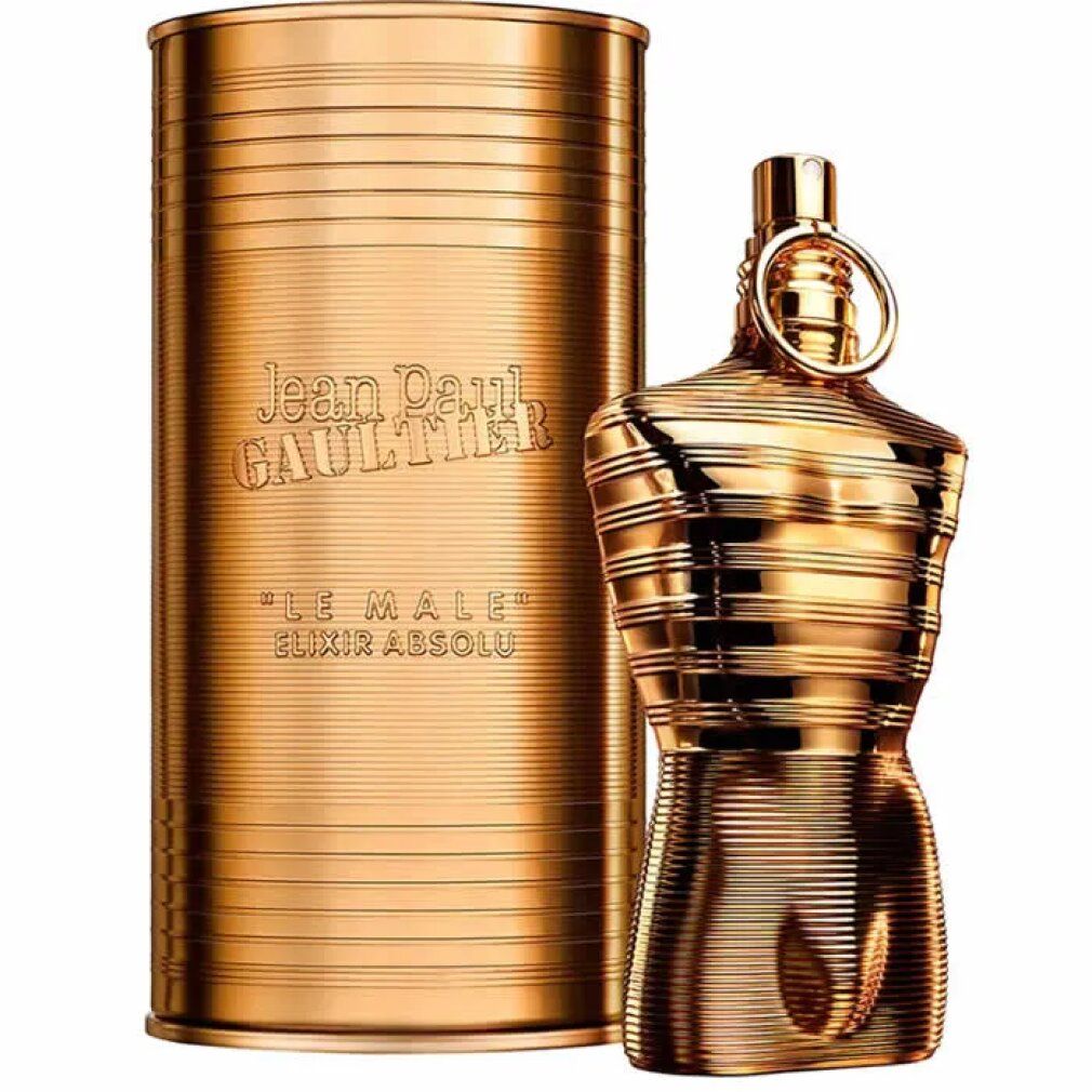 Goldfarbener Flakon in Torsoform und zylindrische Verpackung. Aufschrift: Jean Paul Gaultier, Le Male Elixir Absolu.