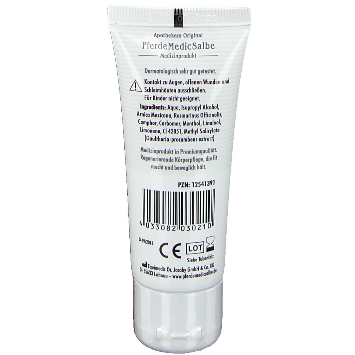 Creme-Tube mit Text, Apothekers Original PferdeMedicSalbe. Inhaltsstoffe und Barcode sichtbar. Medizinprodukt.