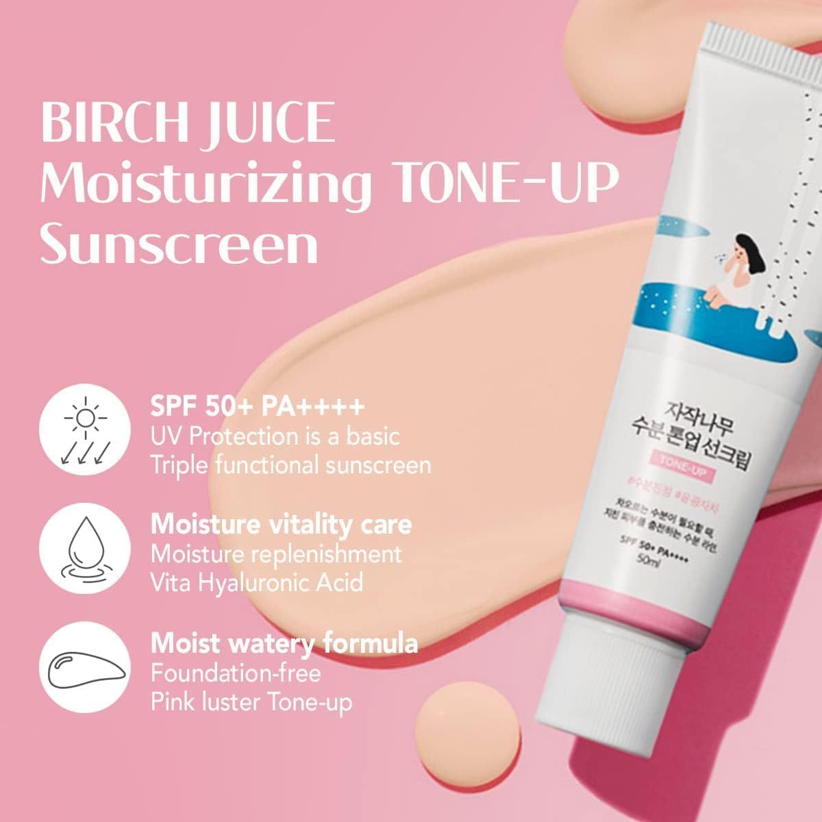 Produktabbildung mit Text: BIRCH JUICE, Moisturizing TONE-UP Sunscreen. SPF 50+ PA++++. Rosa Hintergrund.