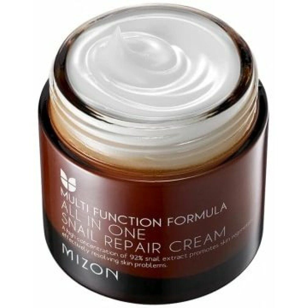 Geöffnete Creme-Dose. Weiße Creme sichtbar. Aufschrift: Multi Function Formula All In One Snail Repair Cream. Marke: MIZON.