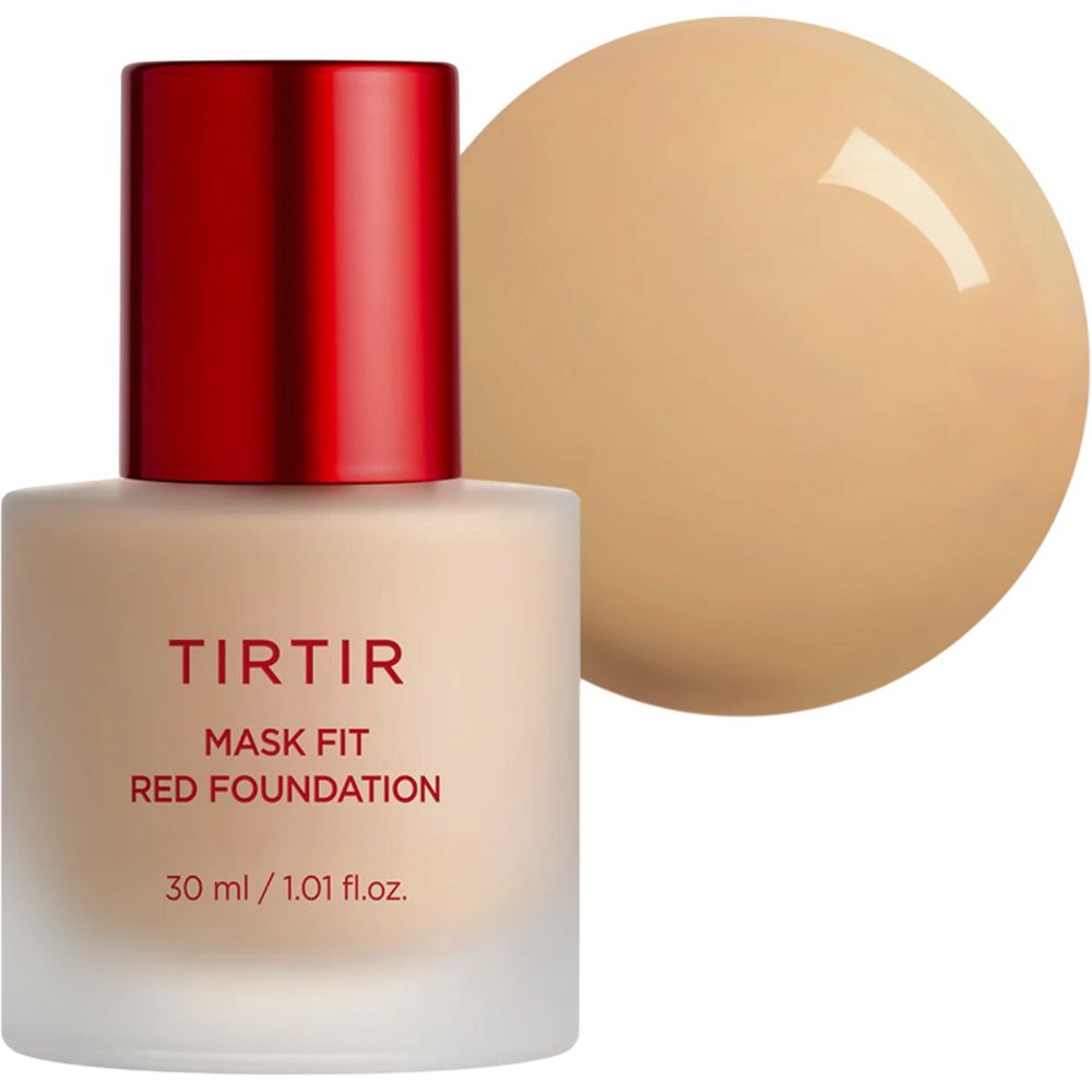 TIRTIR Mask Fit Red Foundation. Weiße Flasche mit rotem Deckel. Produkt und Farbprobe daneben.