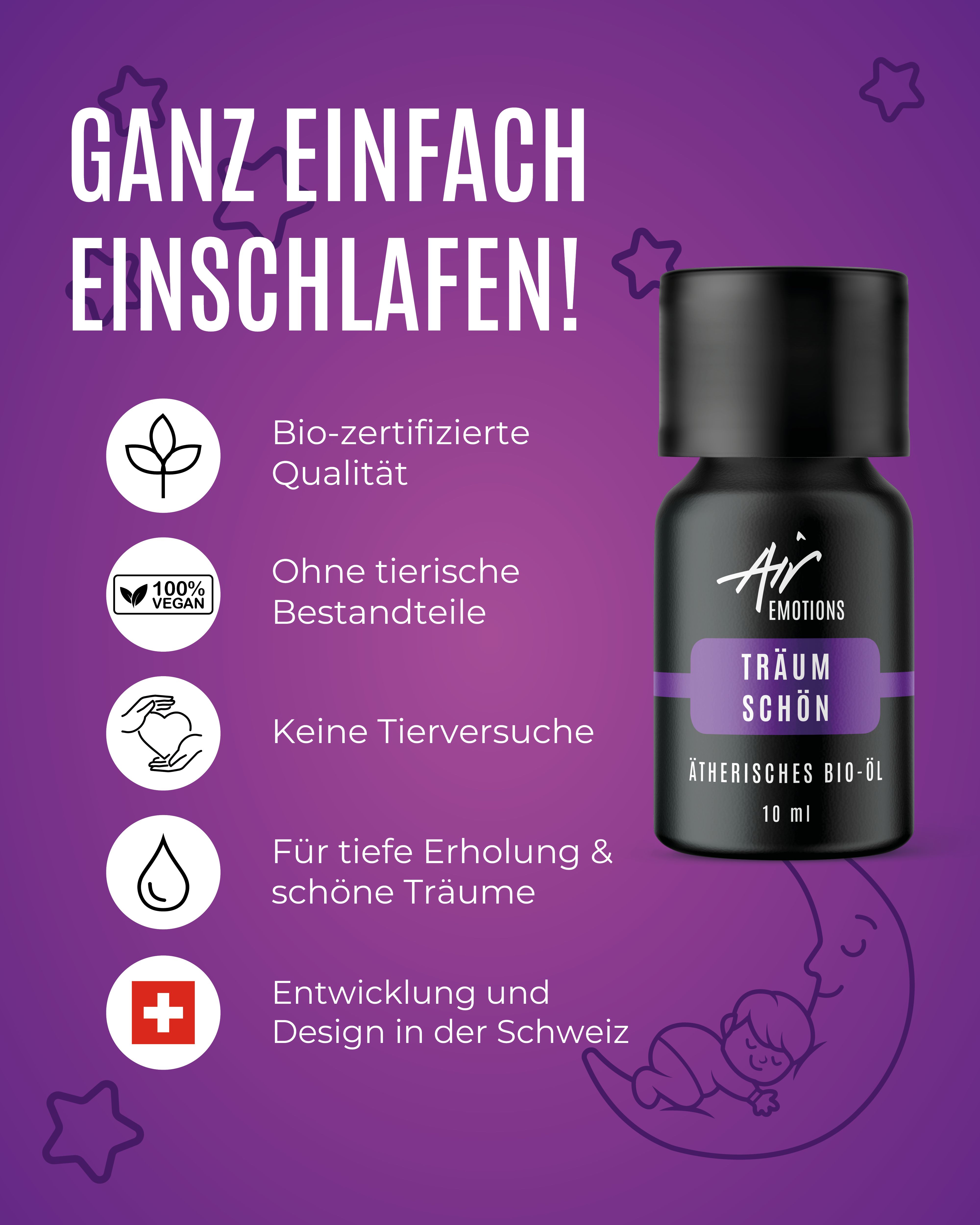 Flasche "Träum schön" neben Icons und Text. Text: Bio-zertifiziert, vegan, tierversuchsfrei, für tiefe Erholung, Design Schweiz.
