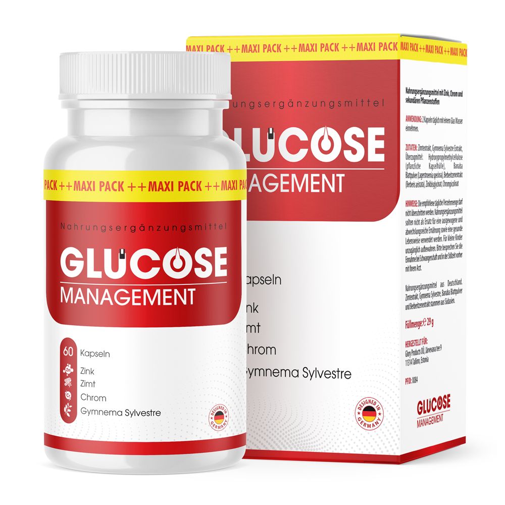 Weiße Flasche mit roten und gelben Etiketten. Aufschrift: GLUCOSE MANAGEMENT. 60 Kapseln. Karton mit Produktinformationen.
