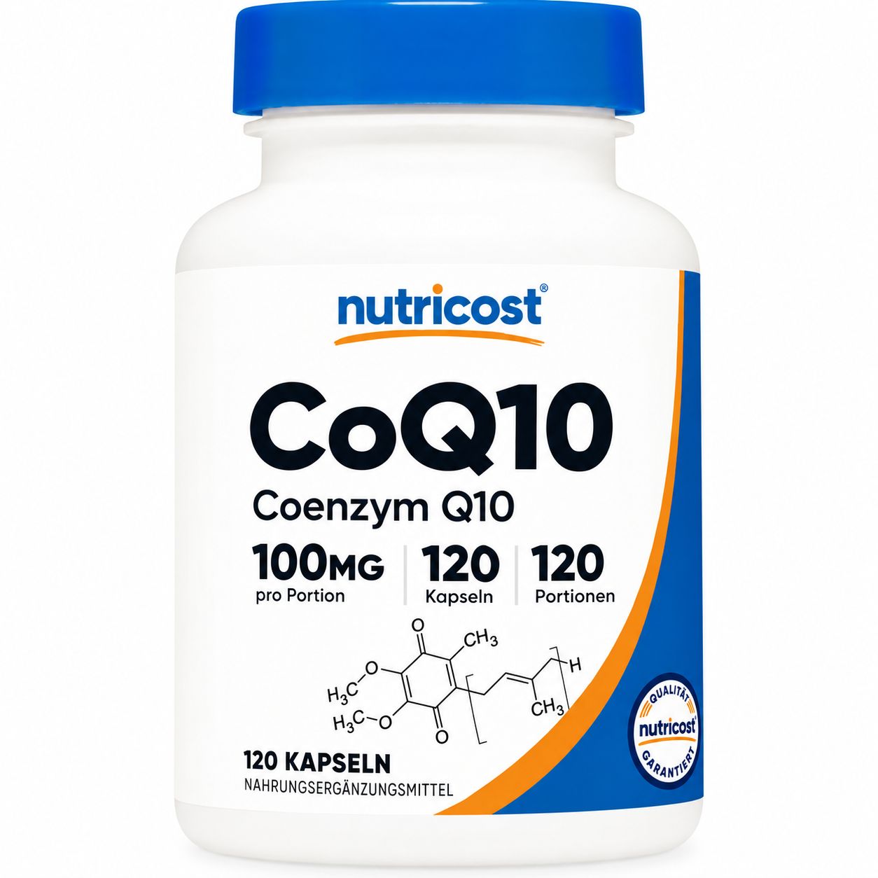 Flasche Nutricost CoQ10 mit 100 mg Coenzym Q10, 120 Kapseln.