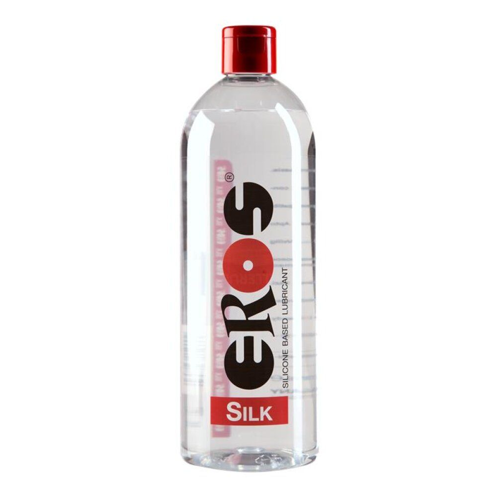 Eros Silk Gleitgel Flasche mit rotem Deckel und schwarzer Schrift.