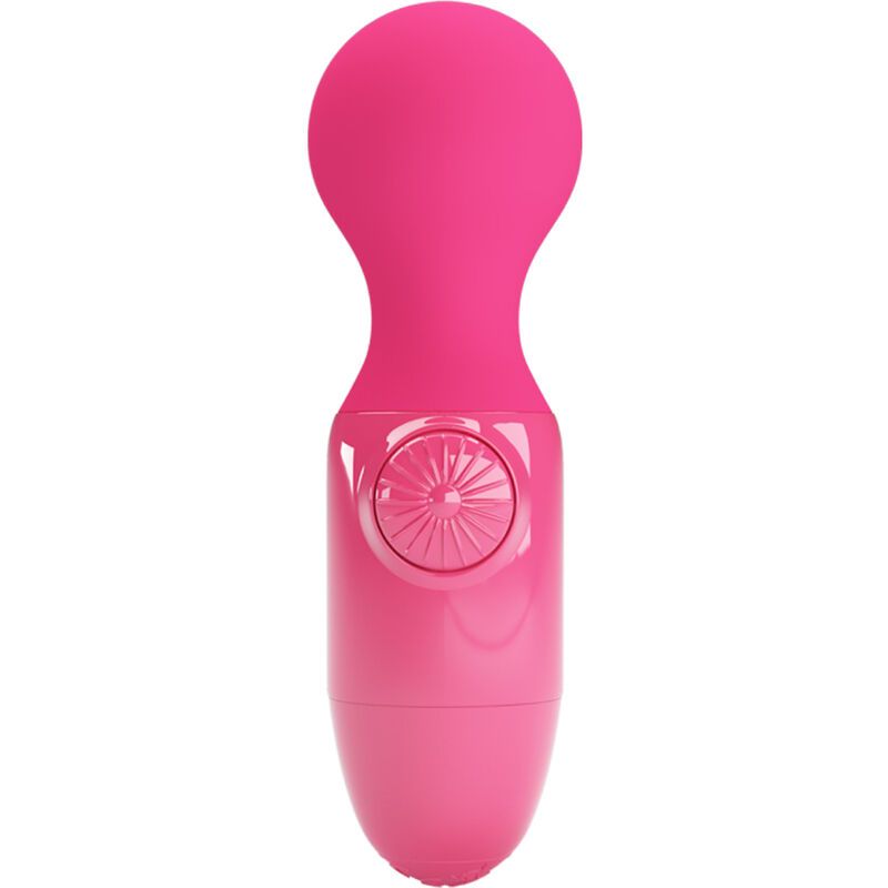Pinker Mini-Massagestab mit rundem Kopf und geriffeltem Knopf.
