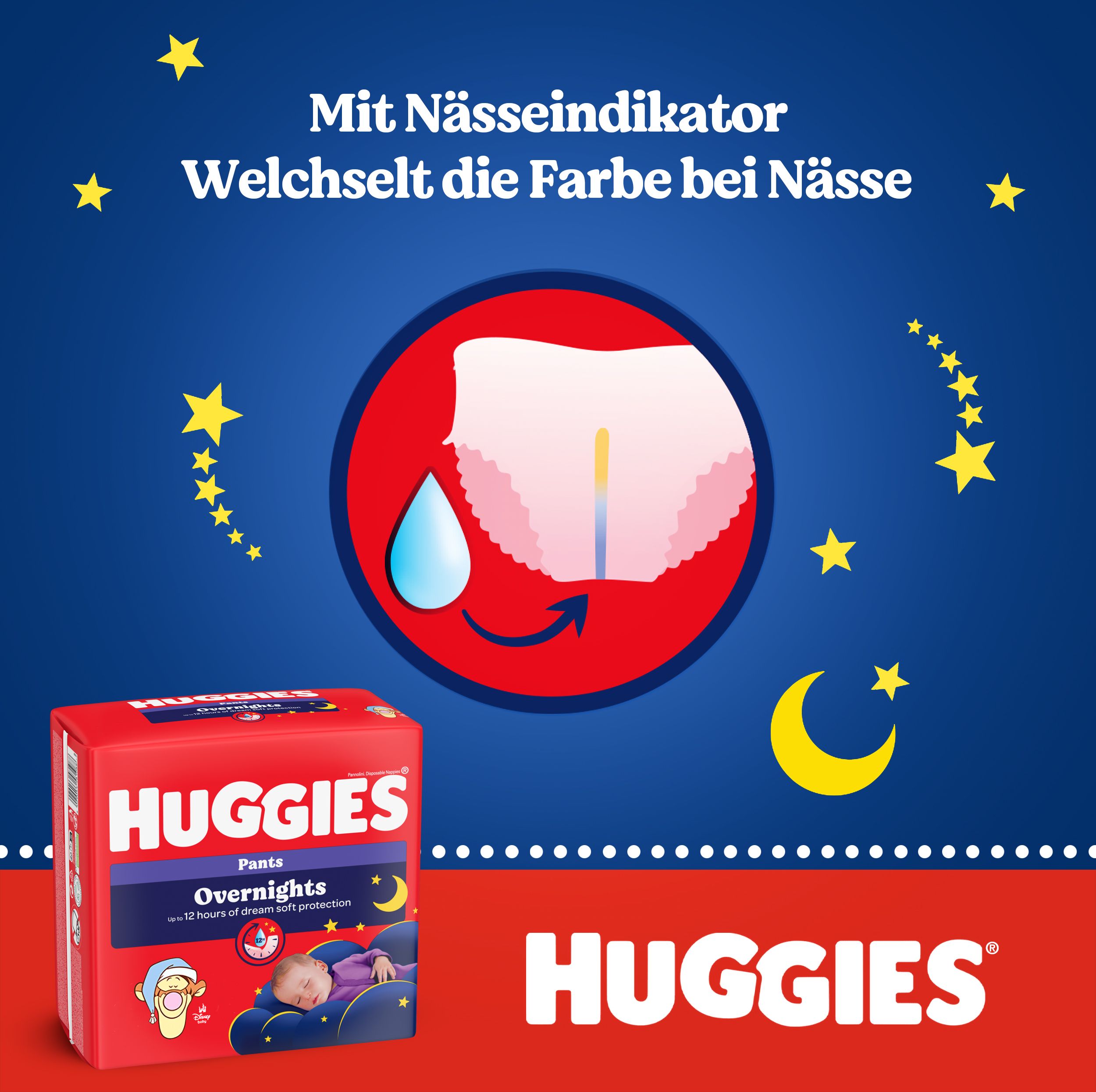 Huggies Overnight Pants. Nässeindikator. Rote Verpackung mit Produktname. Sterne und Mond-Design.