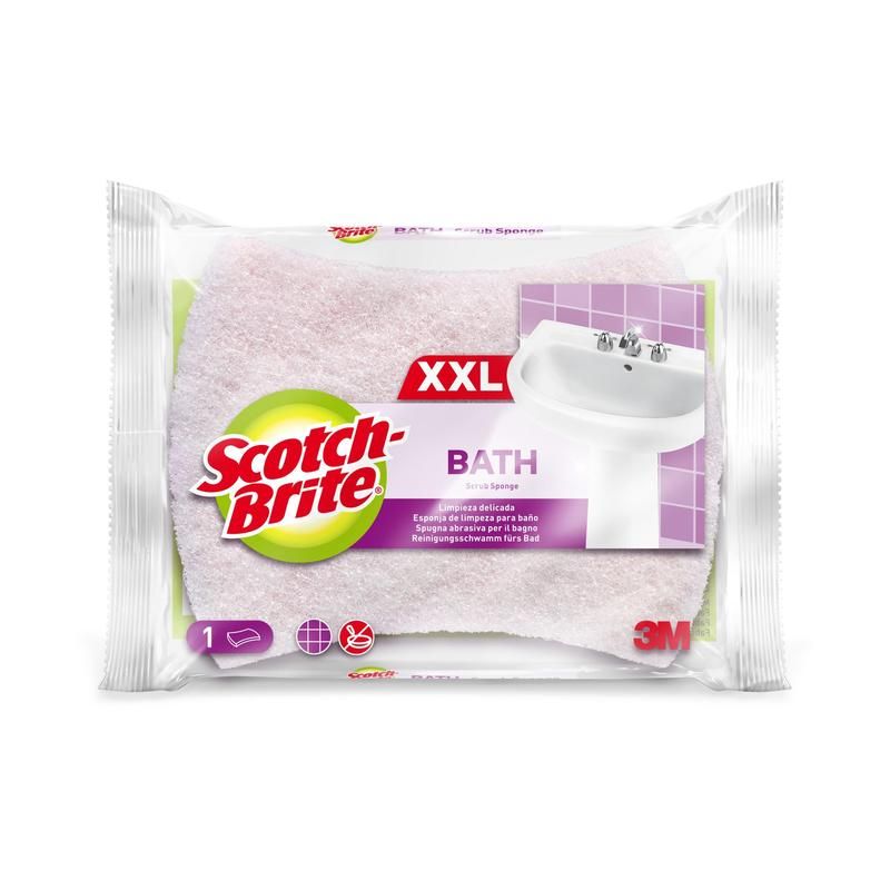 Reinigungsschwamm in Folienverpackung. Marke Scotch-Brite, Produktbezeichnung BATH XXL. Abbildung eines Waschbeckens.