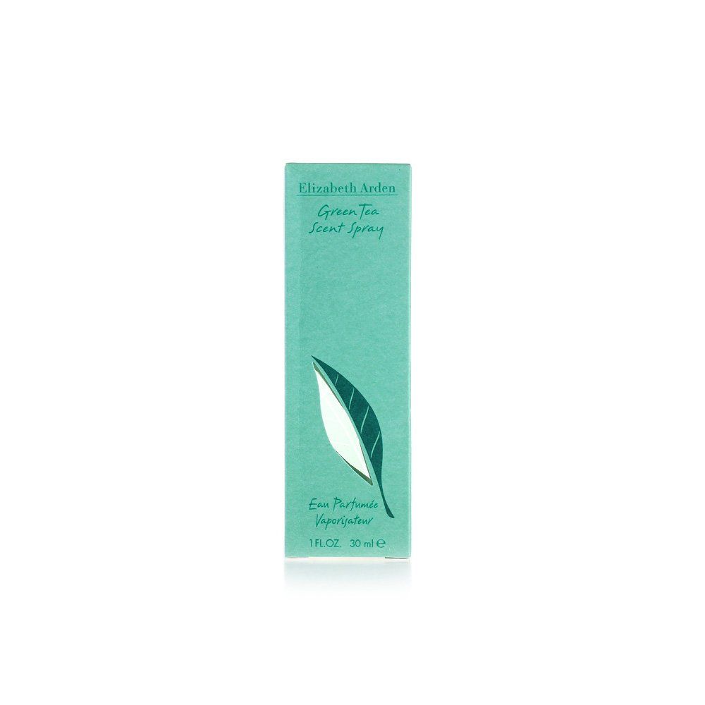Verpackung von Green Tea Scent Spray. Rechteckige Schachtel mit Blatt-Logo und Produktbezeichnung. 1 FL.OZ. 30ml.