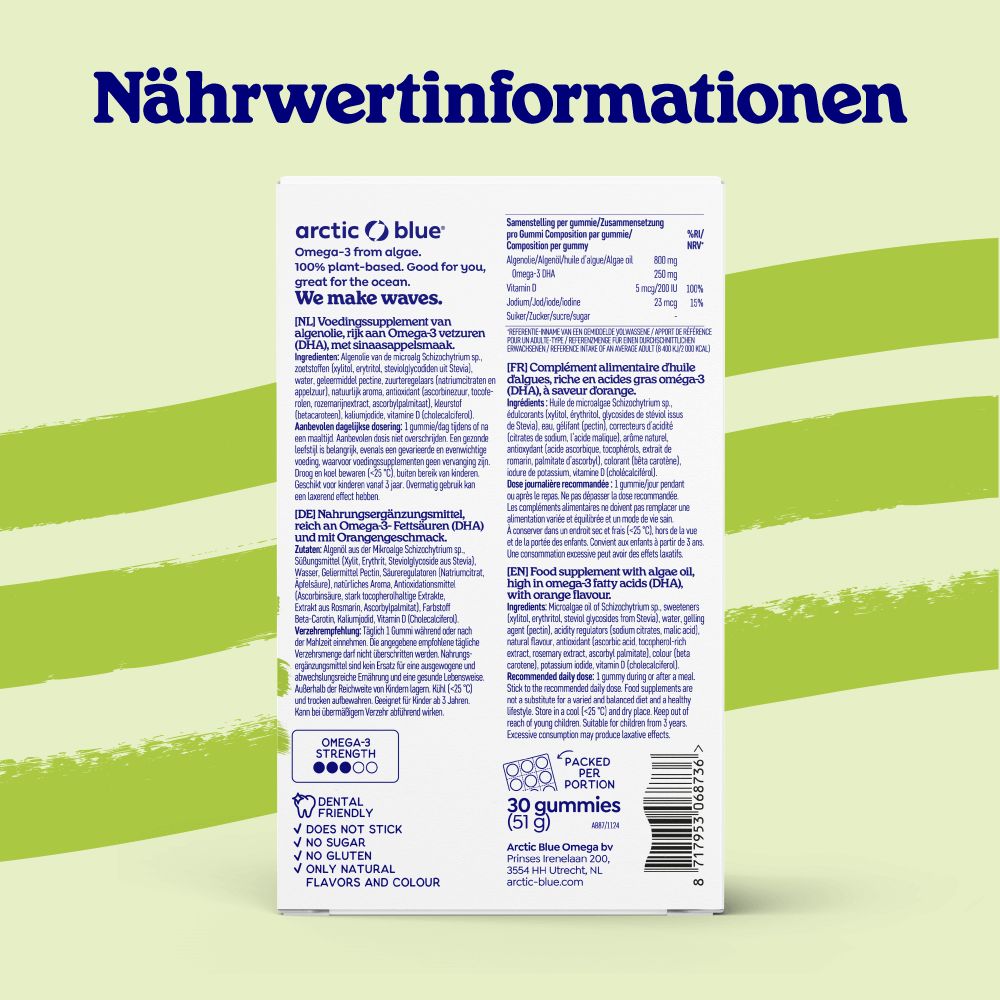 Rückseite der Arctic Blue Omega 3 Gummis Packung mit Nährwertangaben.