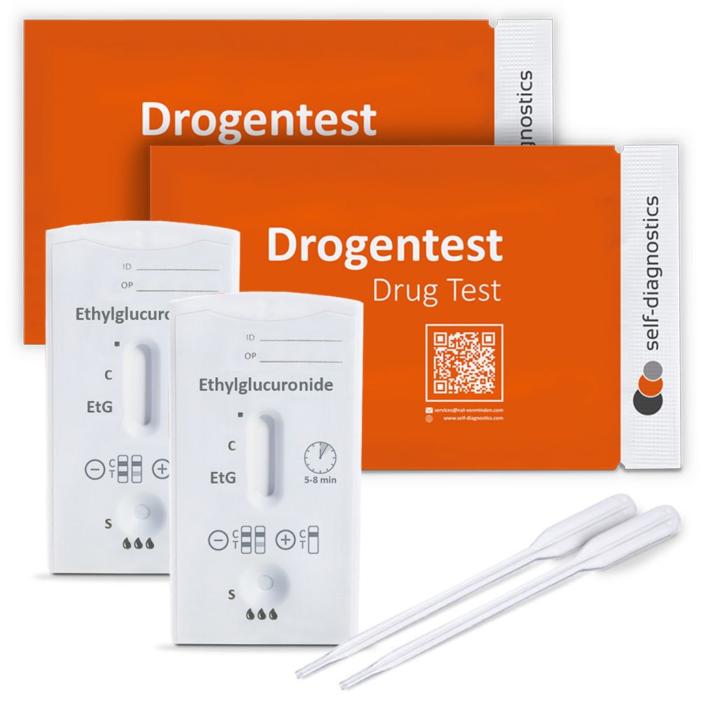 EtG-Schnelltest-Kits und Pipetten. Orangefarbene Verpackung mit Produktnamen und Logo. Mehrere Tests.