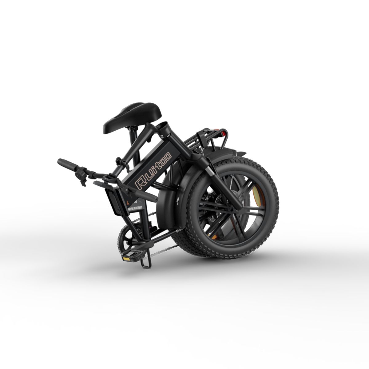 Gefaltetes schwarzes Faltrad. Reifen, Sattel und Lenker sind schwarz. Das Fahrrad hat den Schriftzug "Ruitoo".