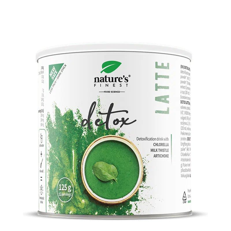 Nature's Finest Detox Latte Dose mit 125g Pulver. Enthält Chlorella, Mariendistel und Artischocke.