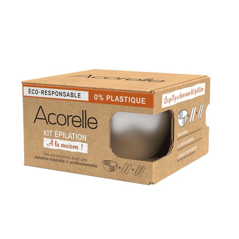 Kartonverpackung des Acorelle Haarentfernungssets. Aufschrift: "ÉCO-RESPONSABLE", "0% PLASTIQUE". Sichtfenster mit Produkt. Abbildung von Zubehör.