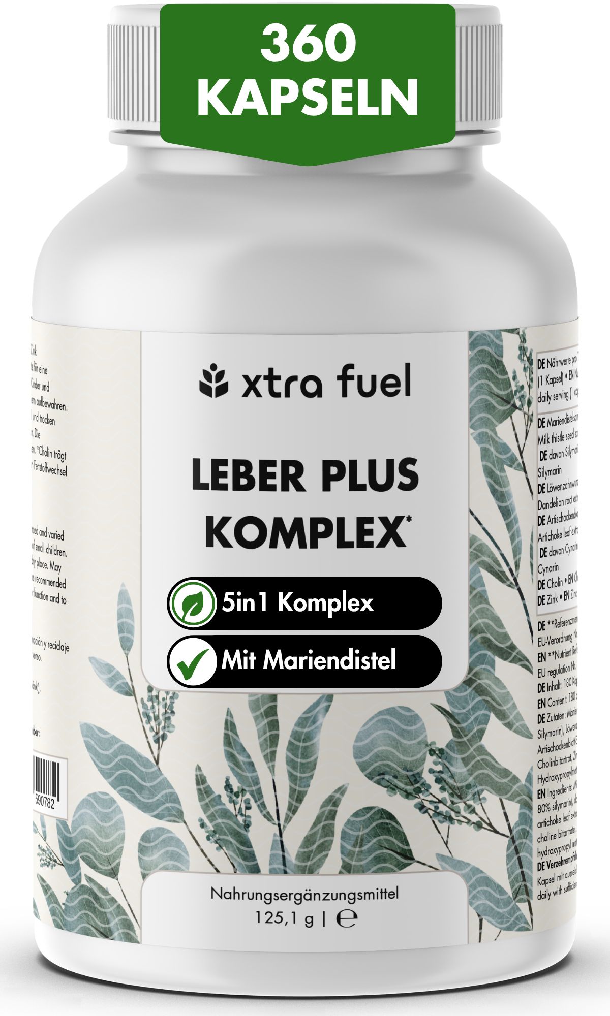 Weiße Flasche mit Kapseln. Aufschrift: XTRA FUEL LEBER PLUS KOMPLEX. 360 Kapseln. Mit Mariendistel. 125,1 g e.