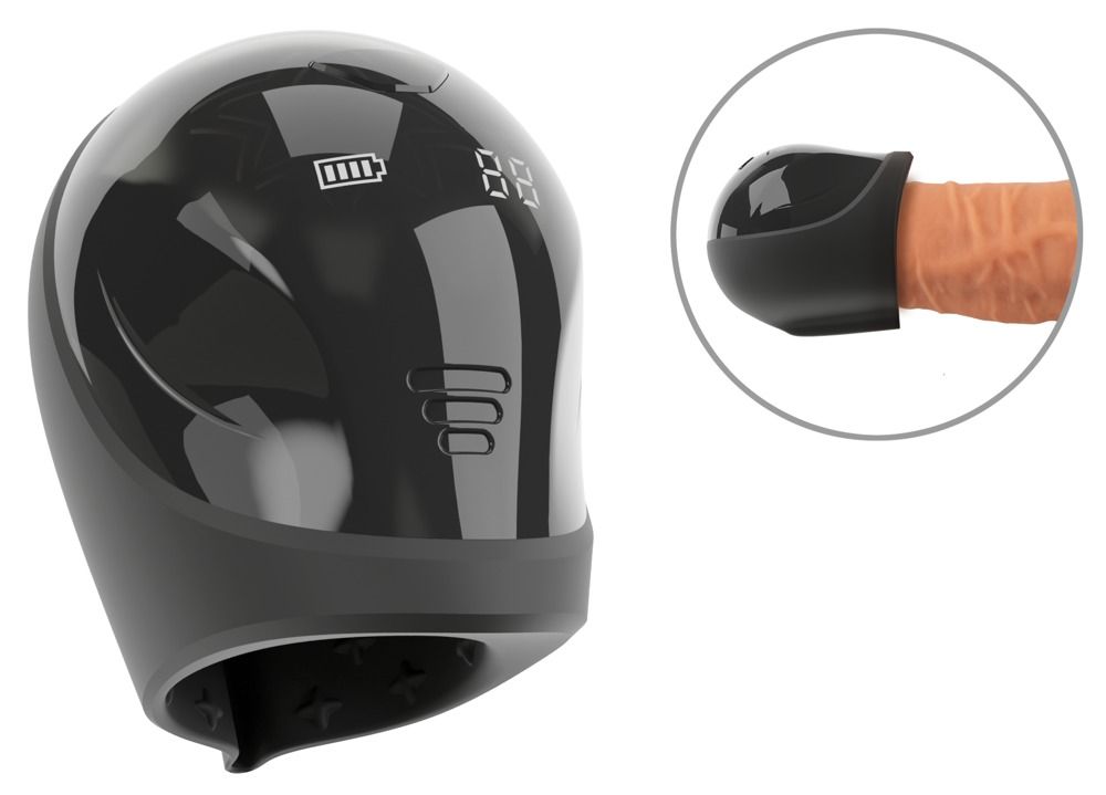 Schwarzer Masturbationstrainer mit digitaler Anzeige und Ladeanzeige.