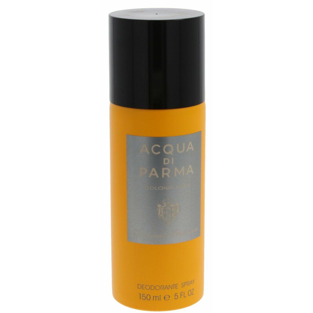Gelbes Deodorant-Spray mit schwarzem Deckel. Silbernes Etikett mit Text: Acqua di Parma, Colonia Pura. Unten: Deodorant Spray, 150 ml, 5 FL OZ.