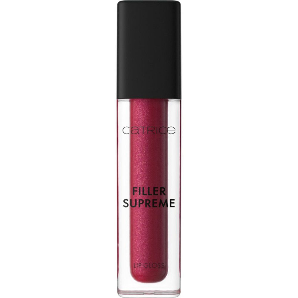 Lipgloss-Flakon mit schwarzem Deckel. Aufschrift: Catrice, Filler Supreme, Lip Gloss. Inhalt: roter Lipgloss.