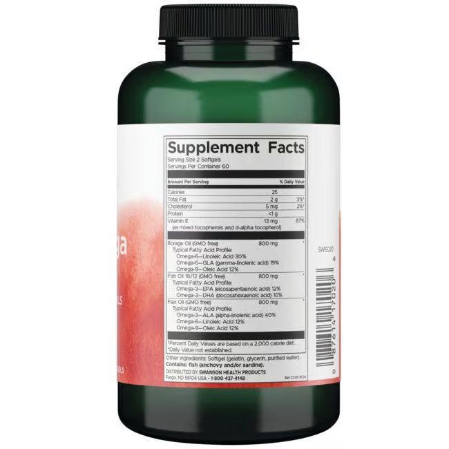 Rückseite der grünen Flasche. Zeigt Nährwertangaben. Enthält Informationen zu Omega-3, -6 und -9 Fettsäuren. 120 Softgels.