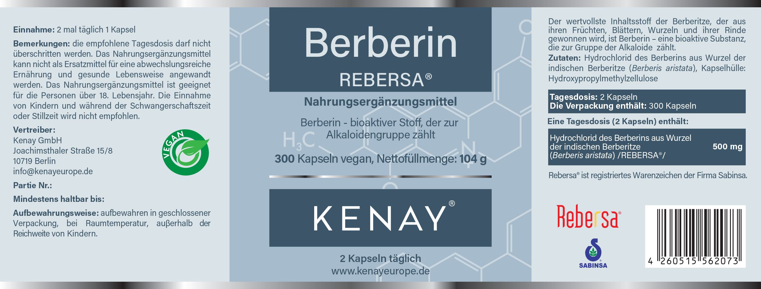 Etikett mit Aufschrift: Berberin REBERSA®, KENAY®. 300 Kapseln, vegan. Enthält Informationen zu Inhaltsstoffen und Dosierung.