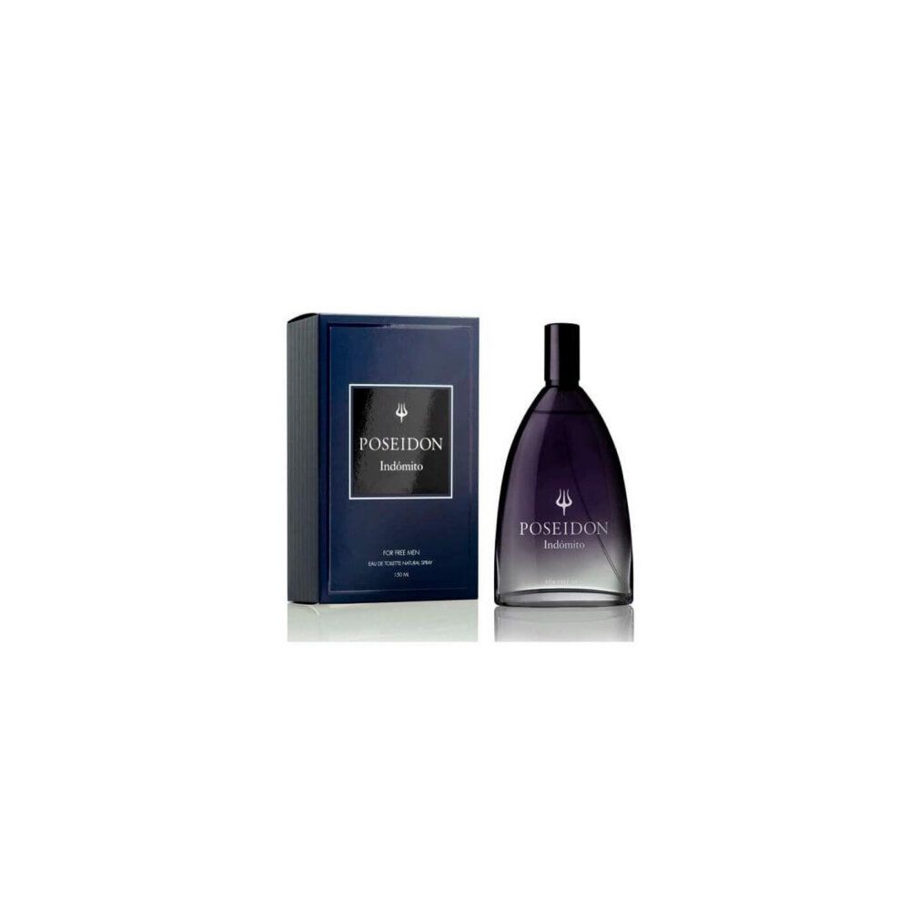 Dunkelblaue Schachtel und Flakon. Aufschrift: Poseidon Indómito. Flakon mit schwarzem Verschluss. Eau de Toilette.