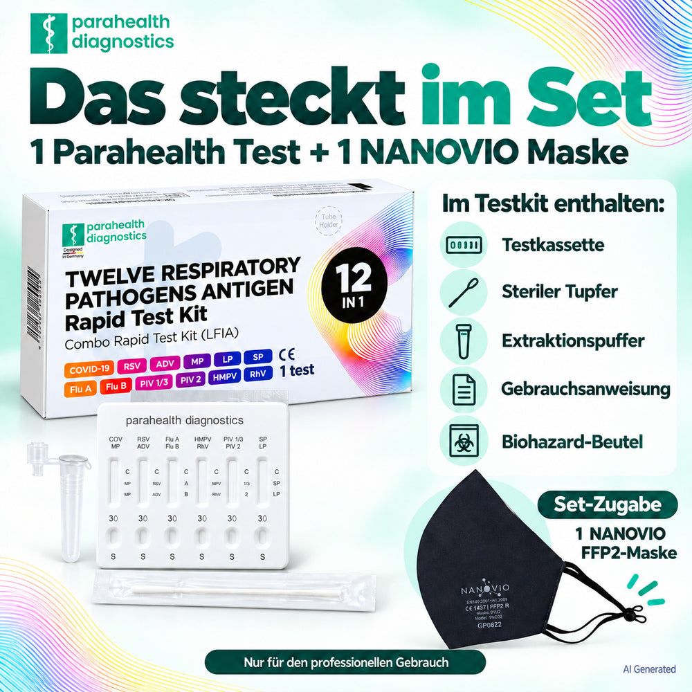 Verpackung eines 12-in-1-Atemwegspathogen-Antigen-Schnelltests mit FFP2-Maske.