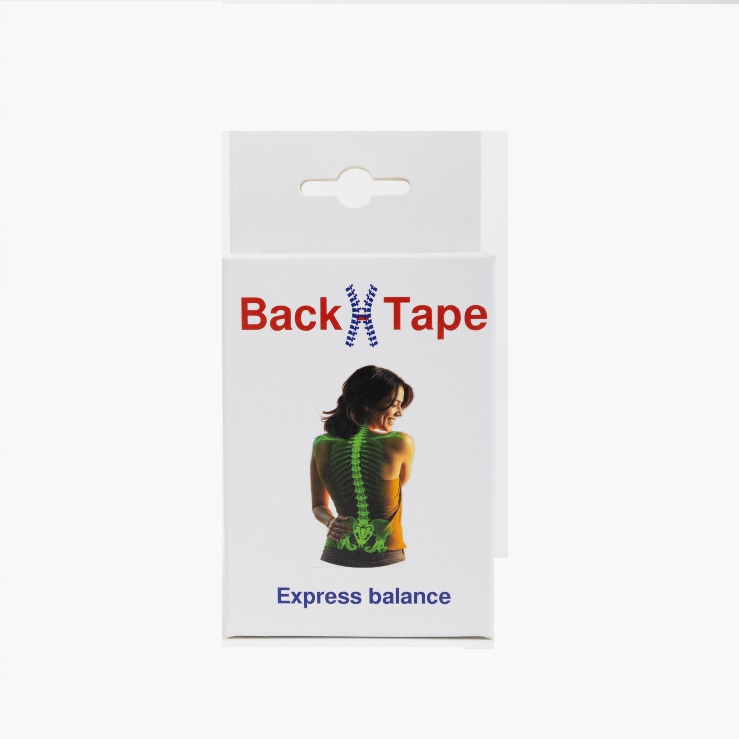 Verpackung mit Aufdruck "Back Tape". Logo und Abbildung einer Frau mit Wirbelsäule. Text: Express balance.