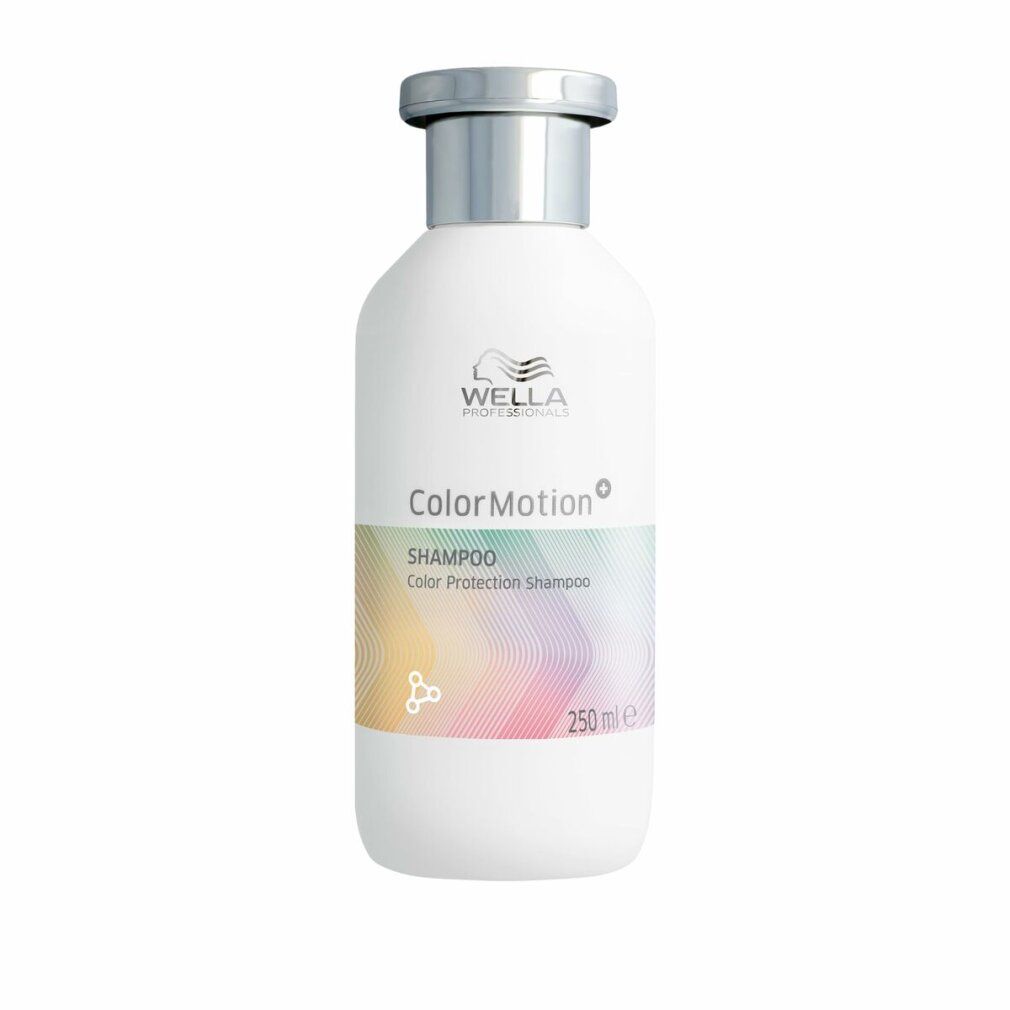 Weiße Shampoo-Flasche mit silbernem Deckel. Aufschrift: Wella Color Motion+ Shampoo, 250 ml.