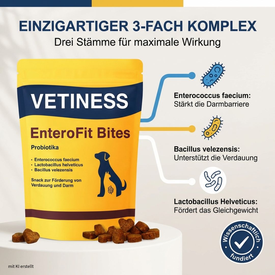 Gelbe Verpackung mit Produktnamen und Illustration. Text: Enterococcus faecium, Lactobacillus helveticus, Bacillus velezensis. Wissenschaftlich fundiert.