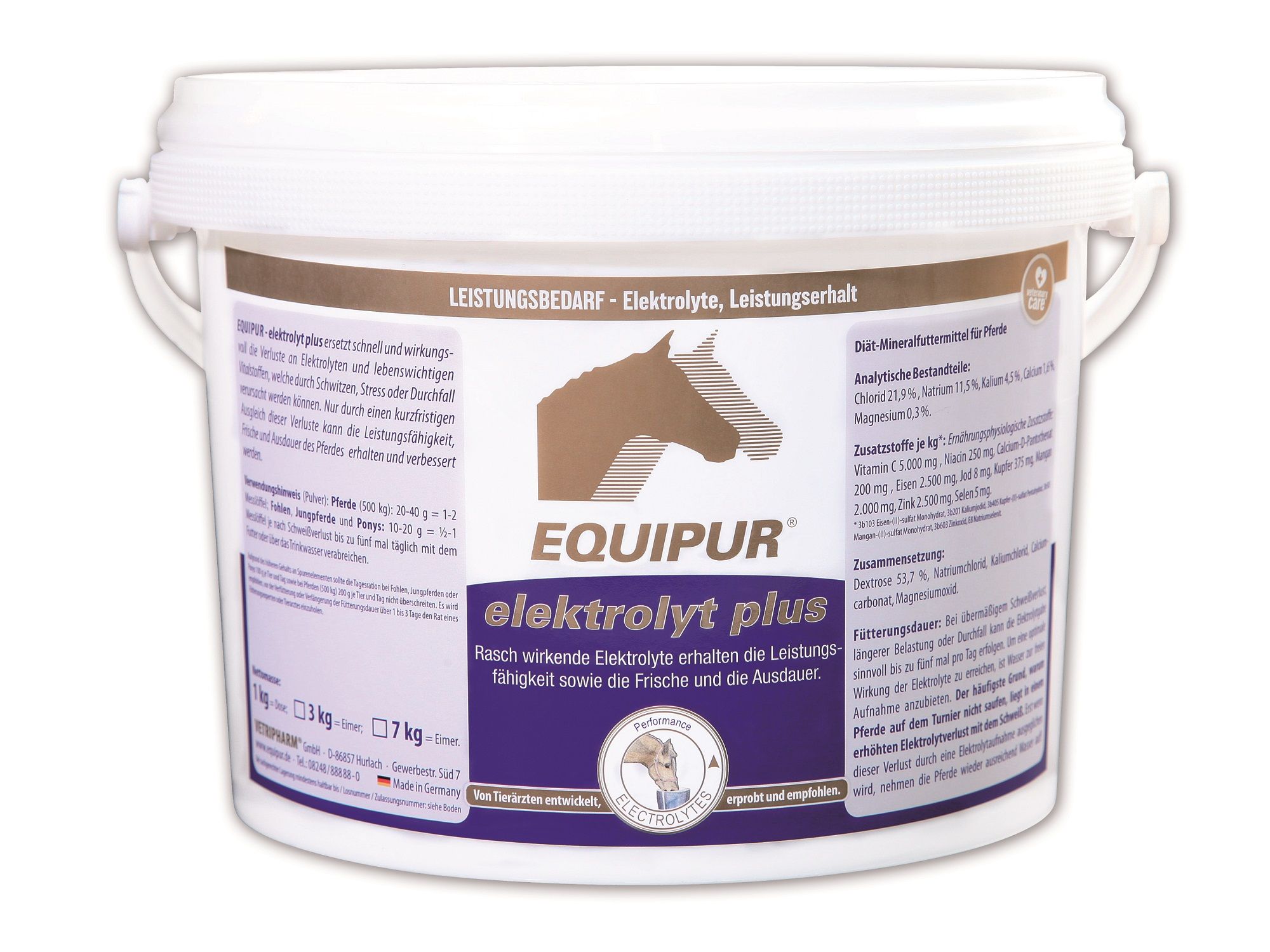 Weißer Eimer mit Aufschrift EQUIPUR elektrolyt plus. Braunes Pferd-Logo. Text in deutscher Sprache.