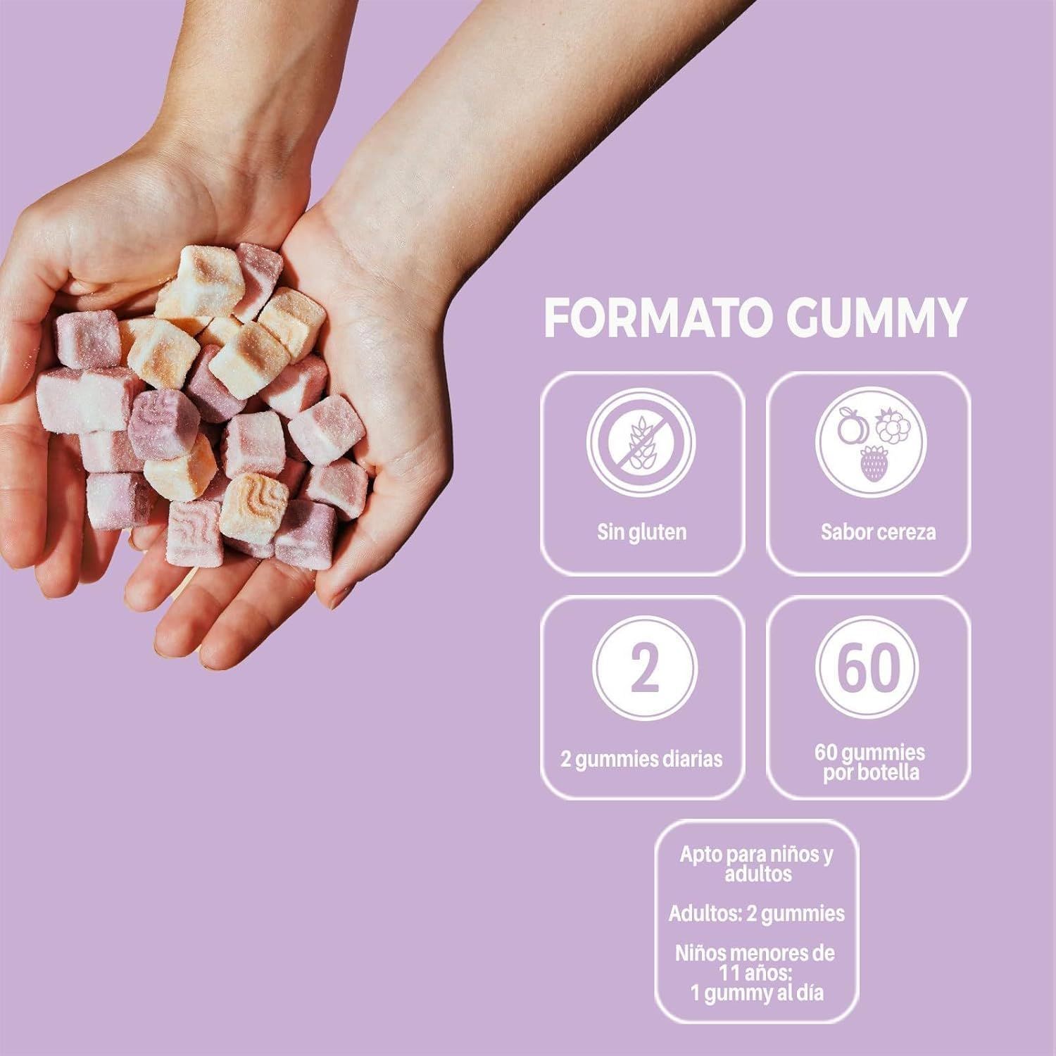 Hände halten eine Menge VITALDIN Calcium + Vitamin D3 Gummies. Aufschrift: Format Gummy. Enthält 60 Gummies. Glutenfrei. Kirschgeschmack. Dosierung.