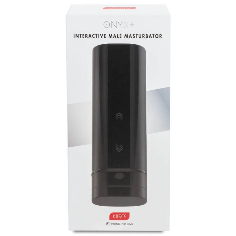 Verpackung des Kiiroo Onyx+ interaktiven männlichen Masturbators. Schwarzer Masturbator auf weißem Karton.