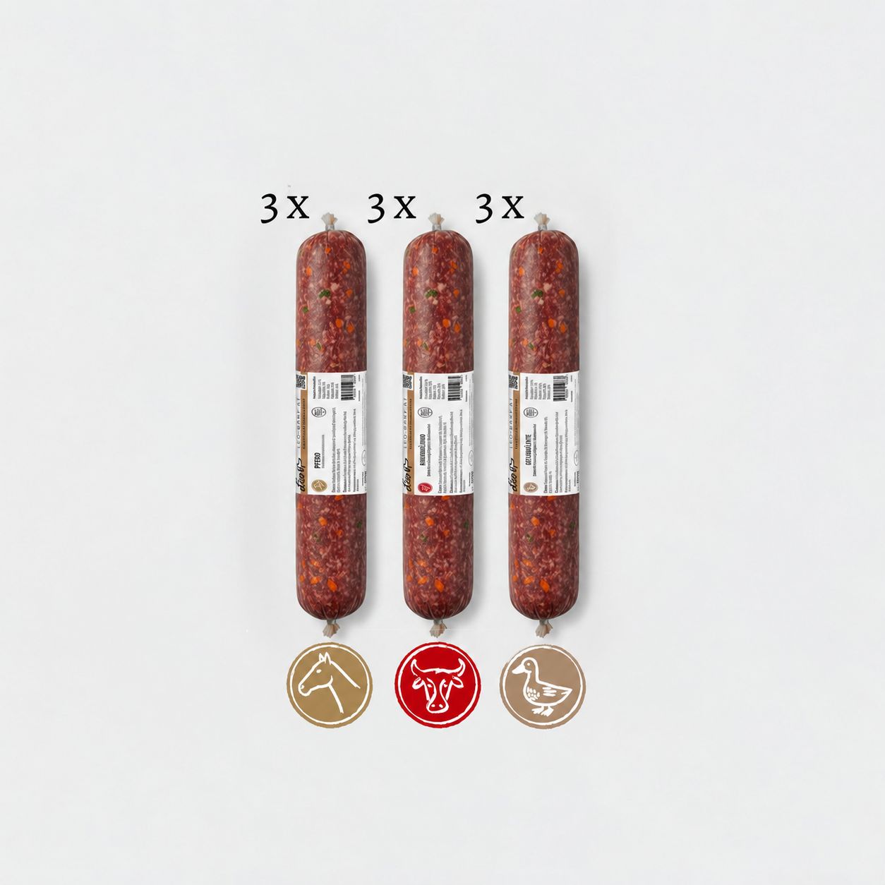 Leo Barf Probierpaket Vollwert-Rollen – Rind · Ente · Pferd