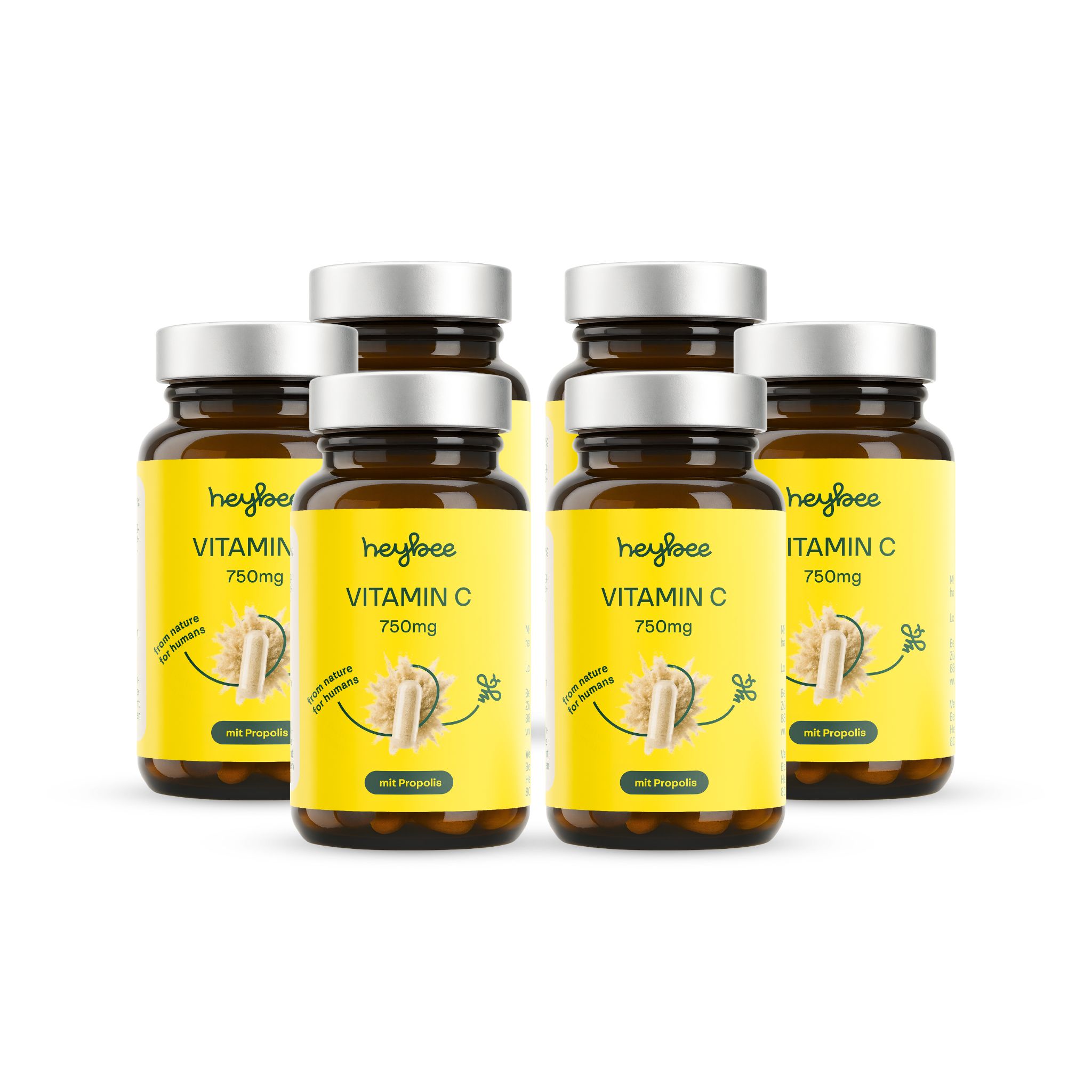 Sechs Flaschen mit gelben Etiketten. Text: Vitamin C 750mg. Produktverpackung.