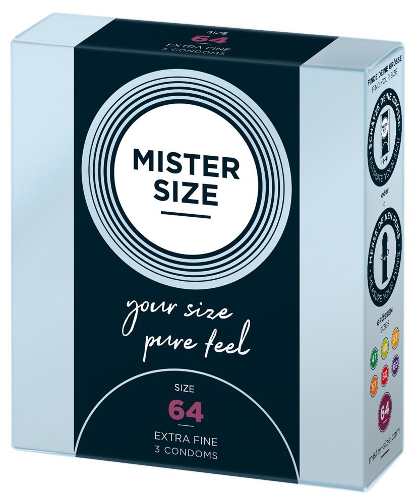Kondom-Verpackung. Aufschrift: MISTER SIZE, 64, Extra Fine, 3 Kondome. CE-Kennzeichnung.