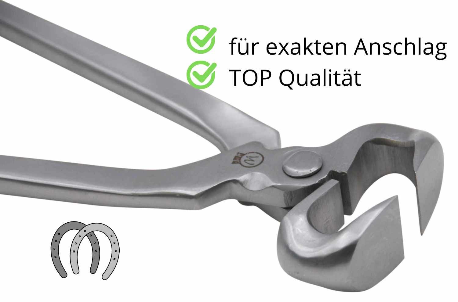 Hufschneidezange aus Metall. Text: "für exakten Anschlag", "TOP Qualität". Zwei Hufe als Illustration.