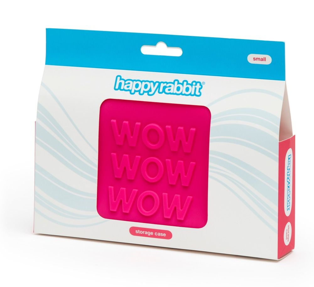 Verpackung mit pinkfarbener Silikon-Aufbewahrungstasche. Auf der Tasche steht "WOW". Die Verpackung zeigt den Markennamen "happyrabbit".