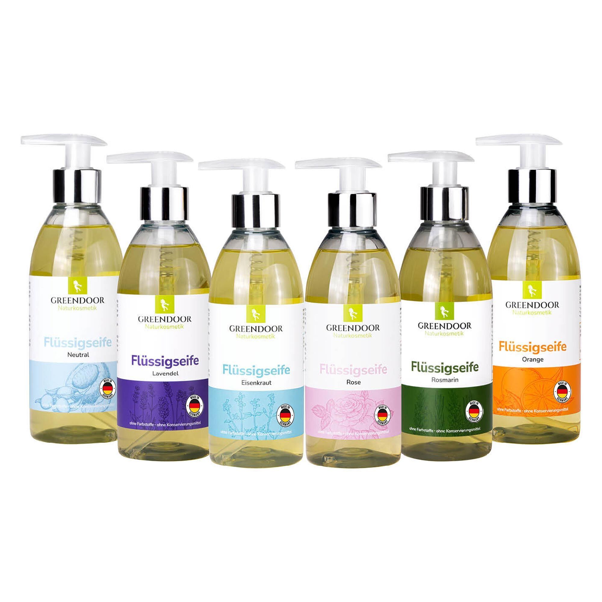 Sechs Flaschen GREENDOOR Flüssigseife mit Spendern in verschiedenen Duftrichtungen: Neutral, Lavendel, Eisenkraut, Rose, Rosmarin, Orange.